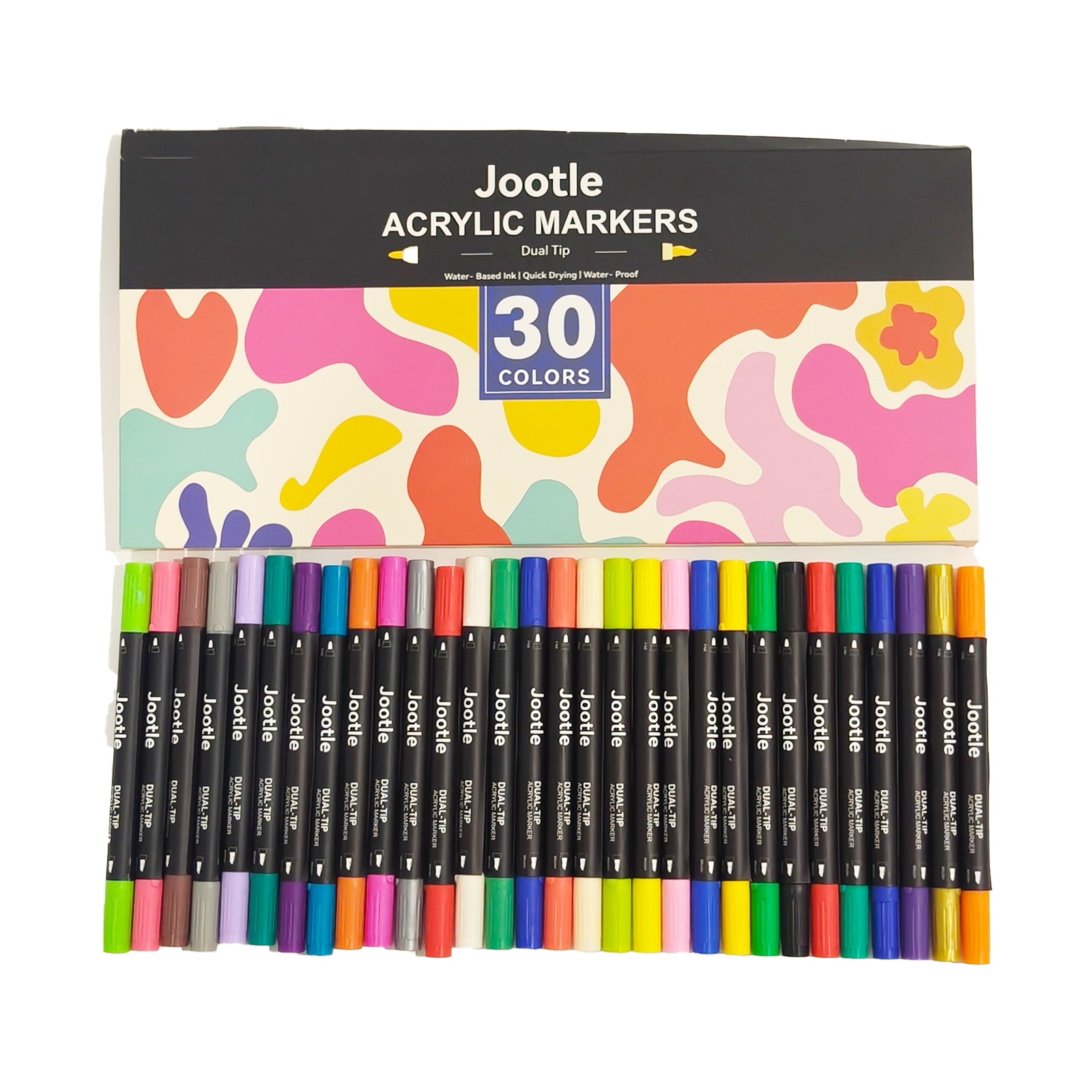 Jootle 30-Color Set Dual-Tip Acrylic Markers, Versatile Surface Markers with Brush & Fine Tips for Canvas, Rocks, Wood, Paper, Glass, Windows, Fabric
