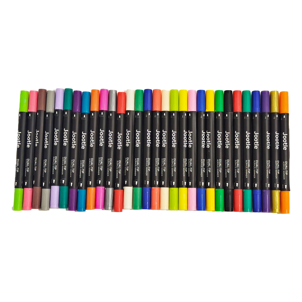 Jootle 30-Color Set Dual-Tip Acrylic Markers, Versatile Surface Markers with Brush & Fine Tips for Canvas, Rocks, Wood, Paper, Glass, Windows, Fabric
