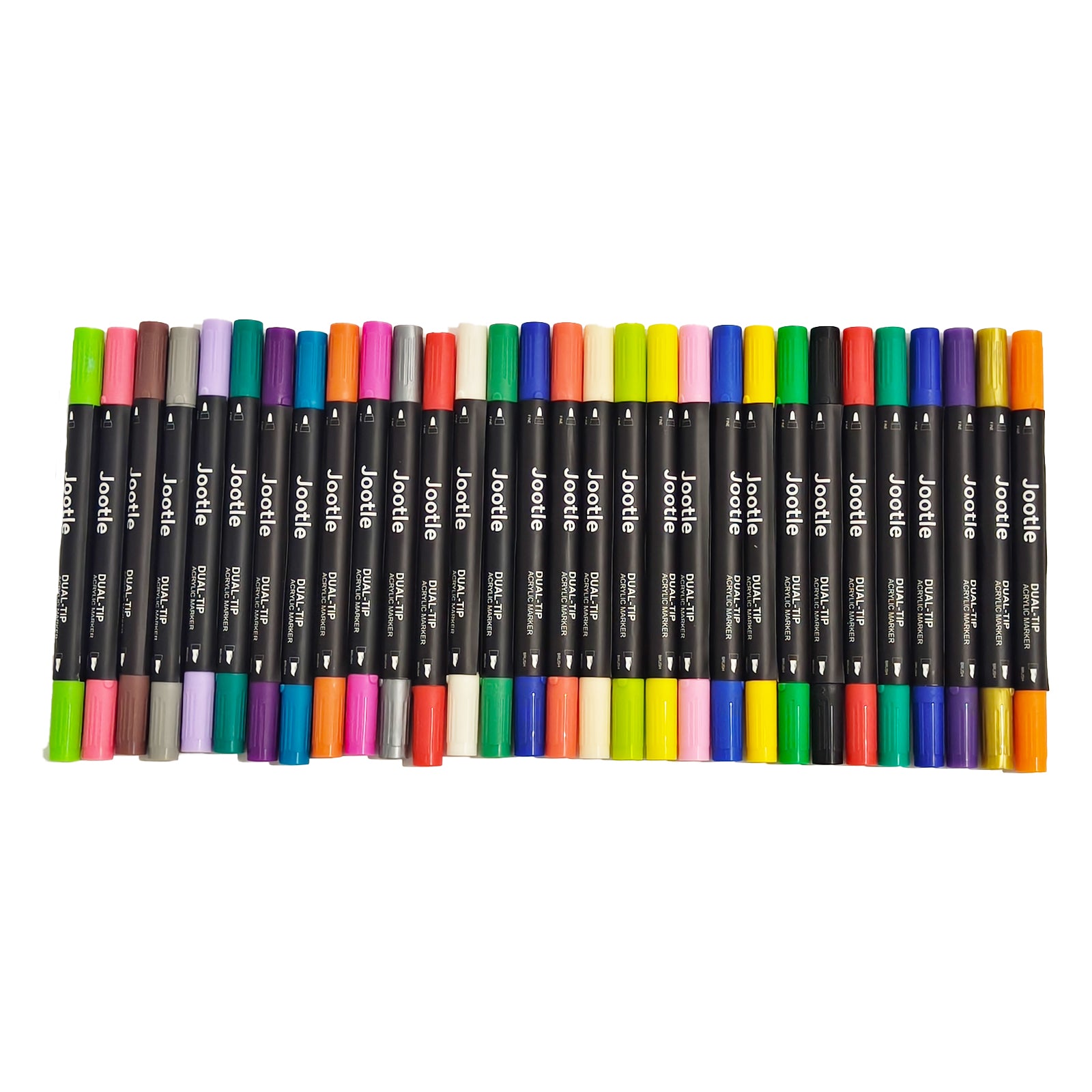 Jootle 30-Color Set Dual-Tip Acrylic Markers, Versatile Surface Markers with Brush & Fine Tips for Canvas, Rocks, Wood, Paper, Glass, Windows, Fabric